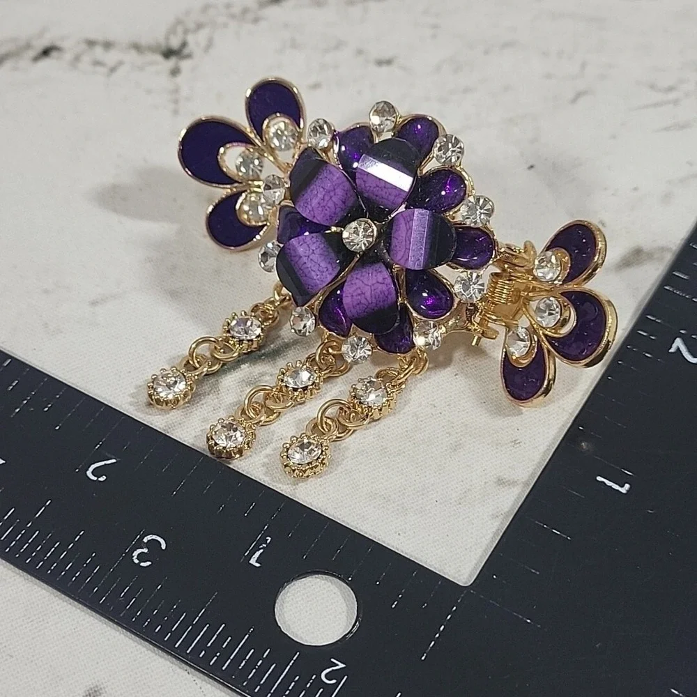 Jeweled Hair Clip‎ Purple 3D Floral Rhinestone Crab Pony Tail Bun Barrette